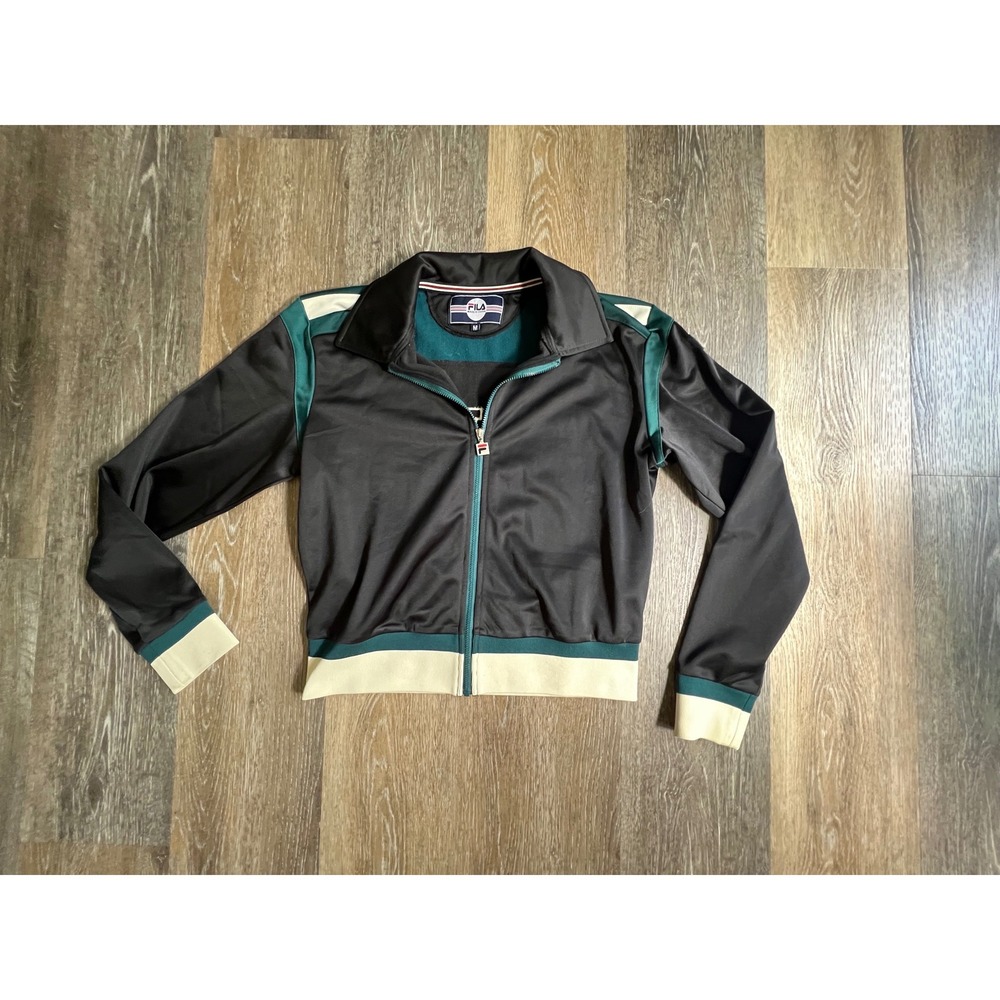 Fila Track Jacket Womens Medium Black Green Cream Colorblock Full Zip Logo Back